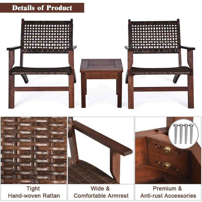 Brown 3-Pieces Wicker Outdoor Bistro Set with Coffee Table