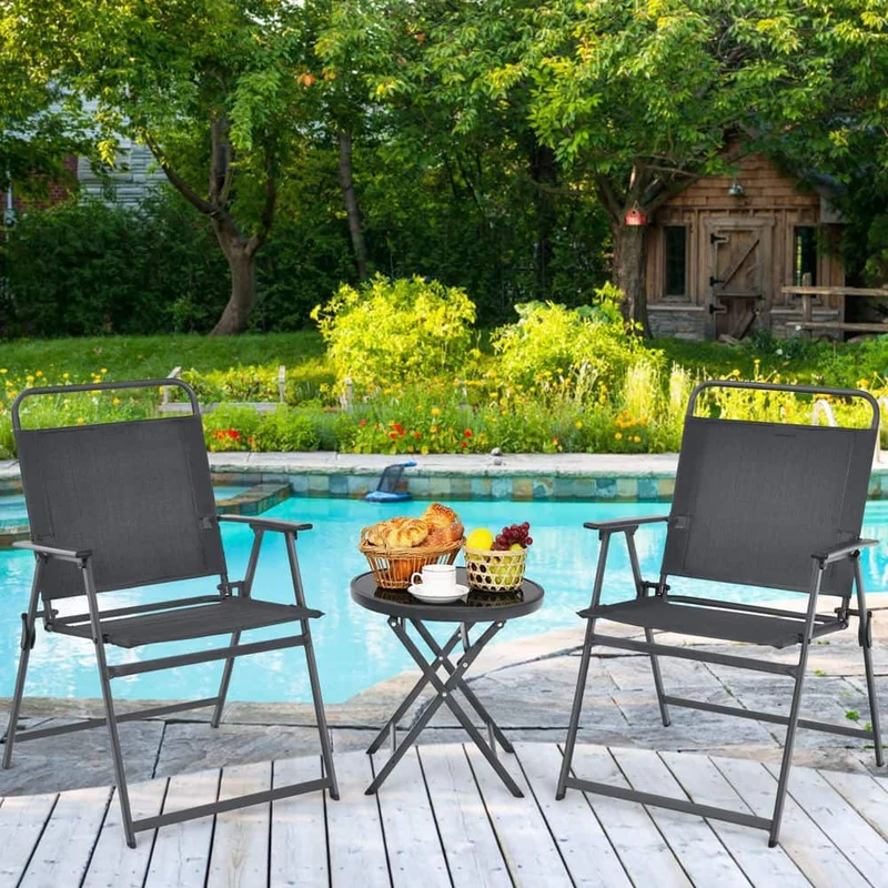 Black 3-Piece Metal Outdoor Bistro Set with Folding Table and Chairs