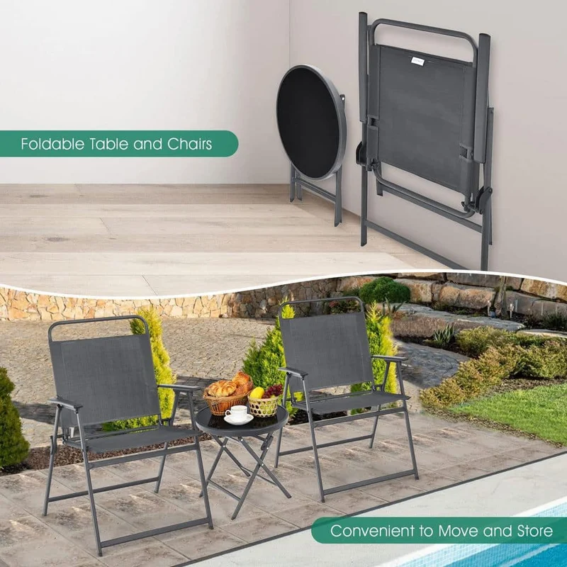 Black 3-Piece Metal Outdoor Bistro Set with Folding Table and Chairs
