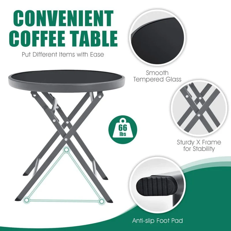 Black 3-Piece Metal Outdoor Bistro Set with Folding Table and Chairs