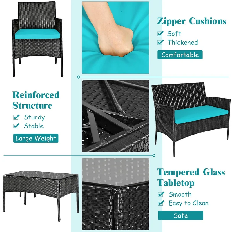 4-Piece Wicker Patio Conversation Seating Set with Tempered Glass Coffee Table and Turquoise Cushions