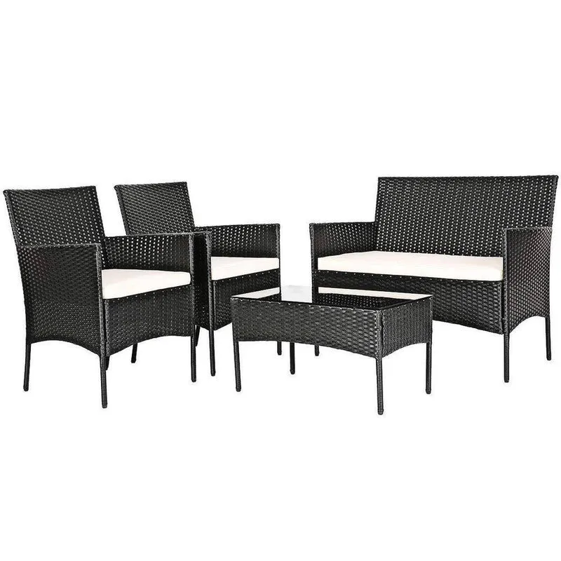 4-Piece Wicker Patio Conversation Seating Set with Tempered Glass Coffee Table and White Cushions