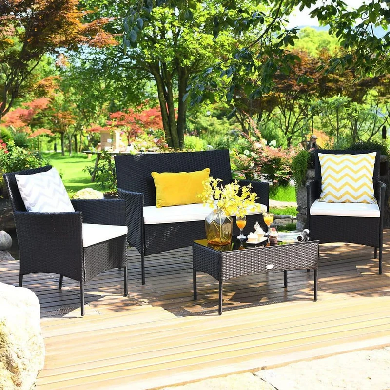 4-Piece Wicker Patio Conversation Seating Set with Tempered Glass Coffee Table and White Cushions