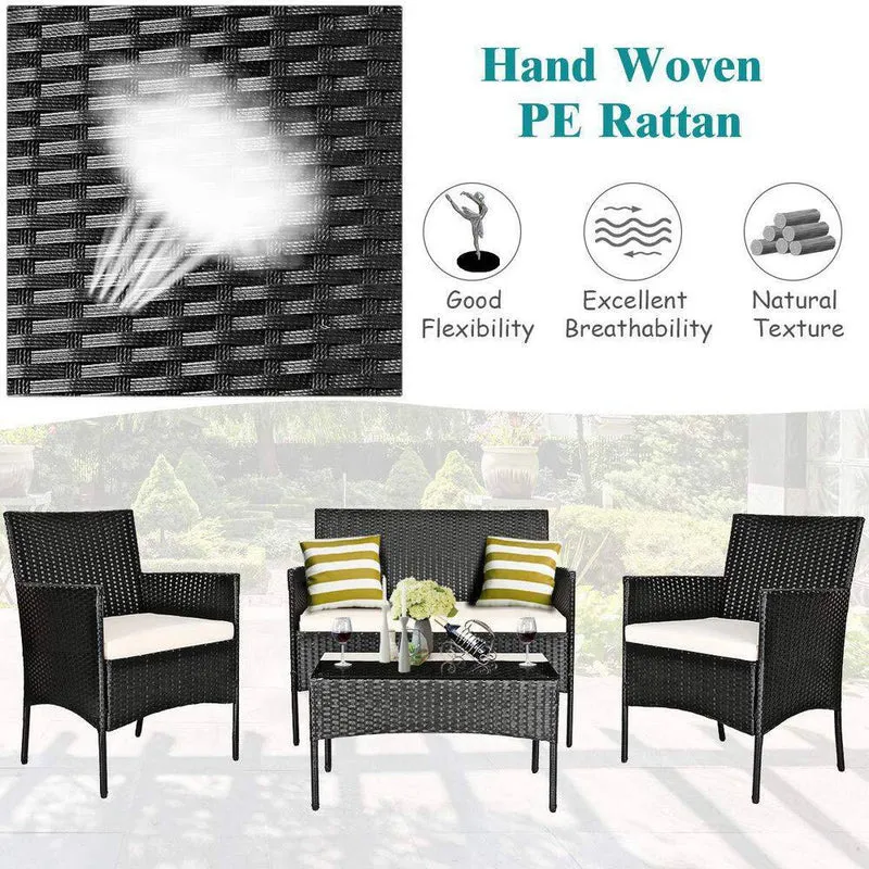 4-Piece Wicker Patio Conversation Seating Set with Tempered Glass Coffee Table and White Cushions