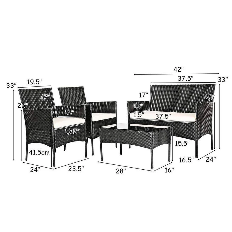 4-Piece Wicker Patio Conversation Seating Set with Tempered Glass Coffee Table and White Cushions