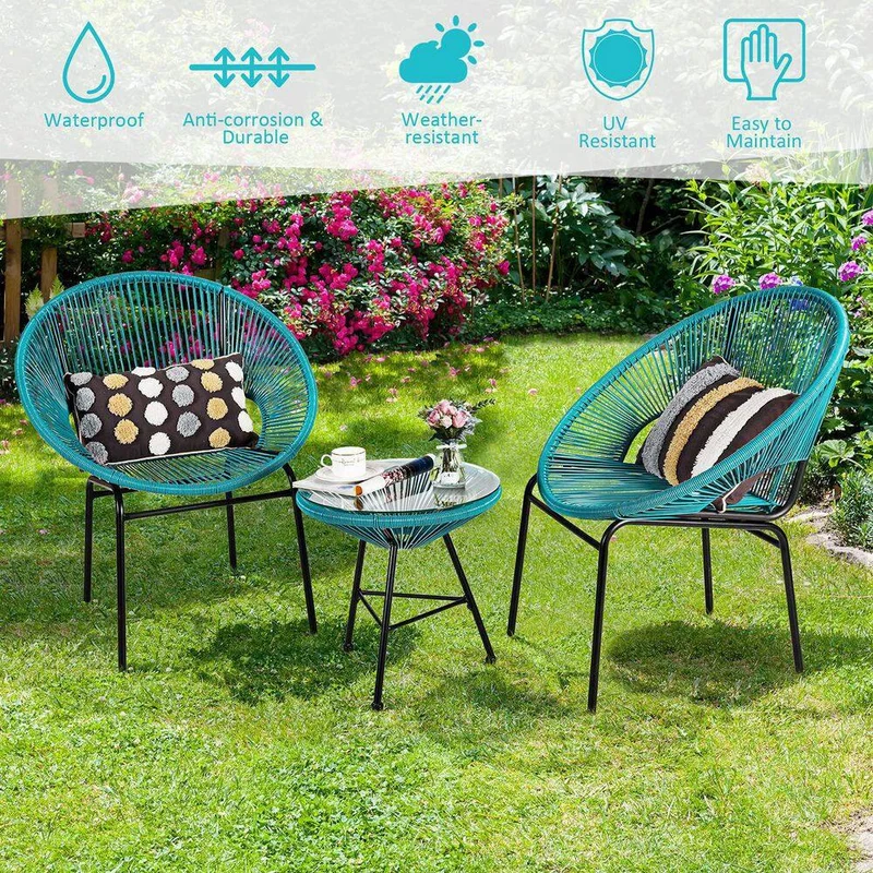 3-Piece Metal Frame Outdoor Bistro Set with Glass Table