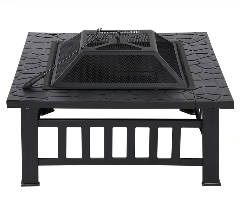 32 in. W x 19.5 in. H Square Metal Outdoor Patio Wood Burning Fire Pit in Black with Poker and Water Resistant Cover