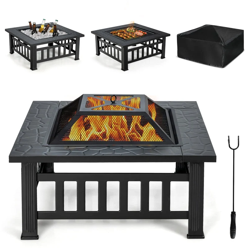 32 in. W x 19.5 in. H Square Metal Outdoor Patio Wood Burning Fire Pit in Black with Poker and Water Resistant Cover
