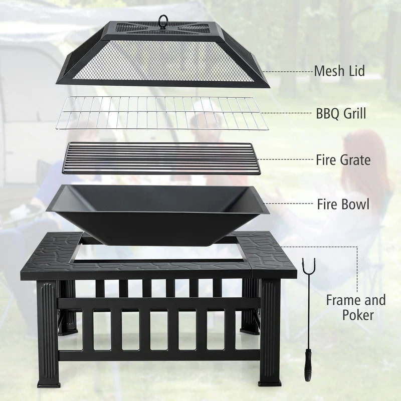 32 in. W x 19.5 in. H Square Metal Outdoor Patio Wood Burning Fire Pit in Black with Poker and Water Resistant Cover