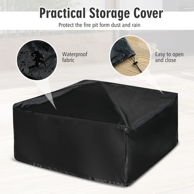 32 in. W x 19.5 in. H Square Metal Outdoor Patio Wood Burning Fire Pit in Black with Poker and Water Resistant Cover