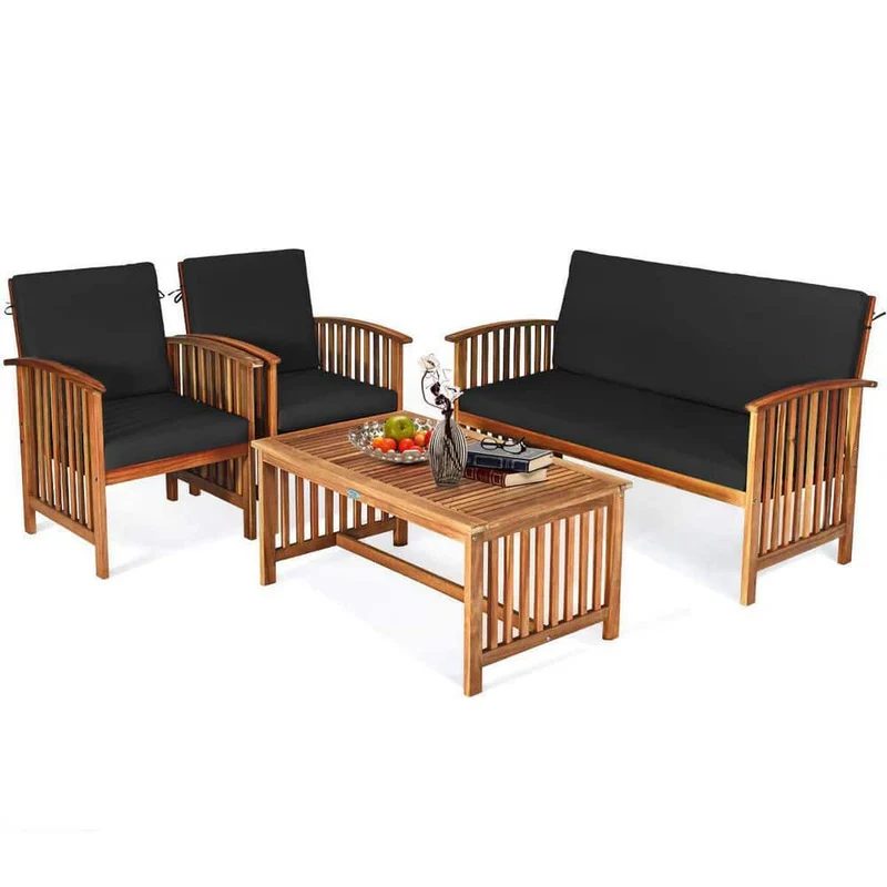 4-Piece Wood Outdoor Patio Conversation Seating Set with Black Cushions