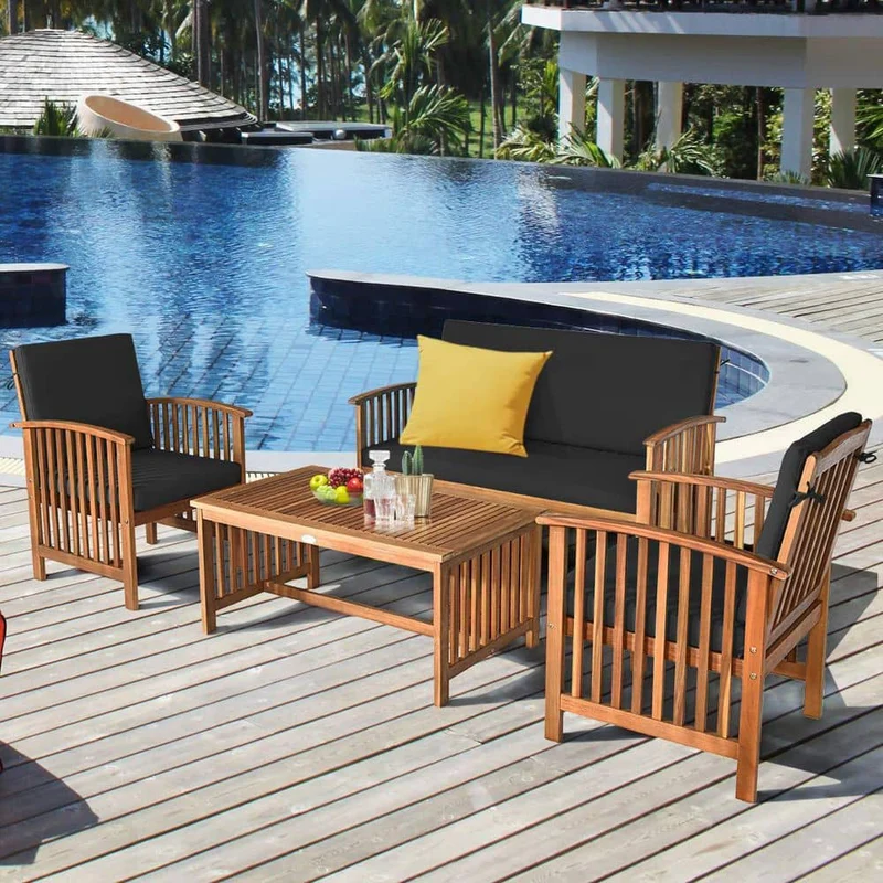 4-Piece Wood Outdoor Patio Conversation Seating Set with Black Cushions
