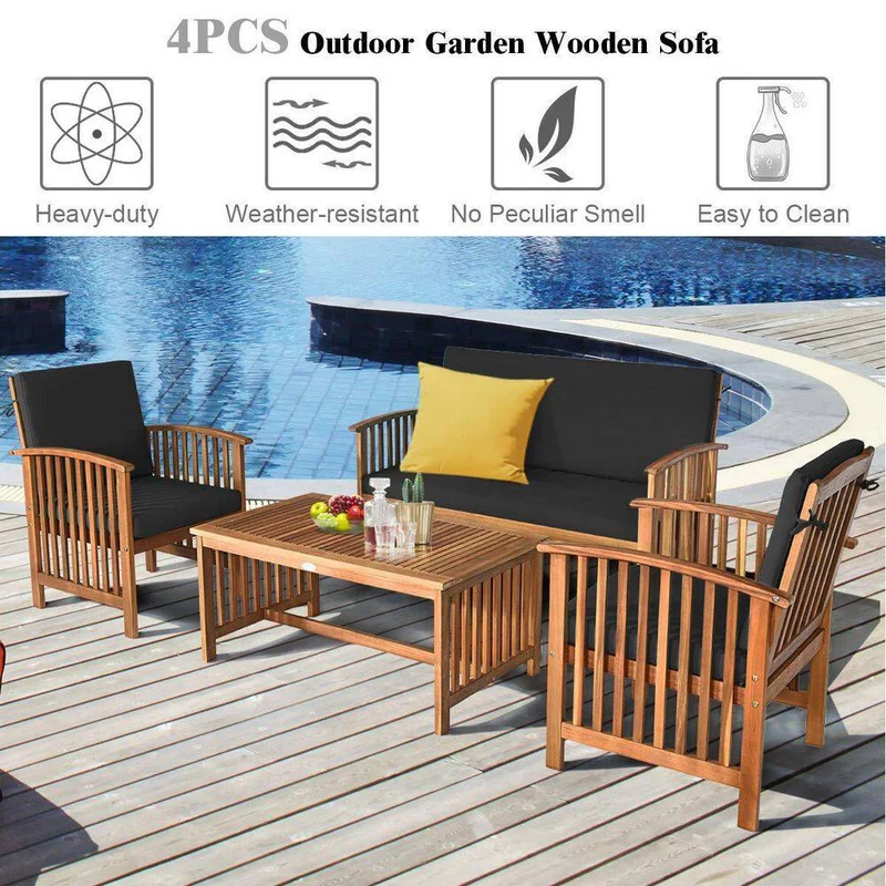 4-Piece Wood Outdoor Patio Conversation Seating Set with Black Cushions