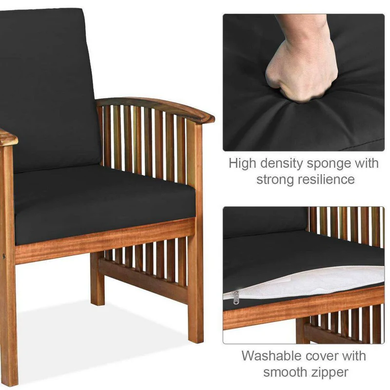 4-Piece Wood Outdoor Patio Conversation Seating Set with Black Cushions