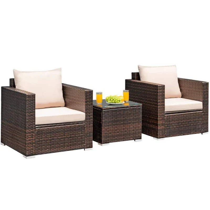 3-Piece Wicker Patio Conversation Set Sofa with Beige Cushions