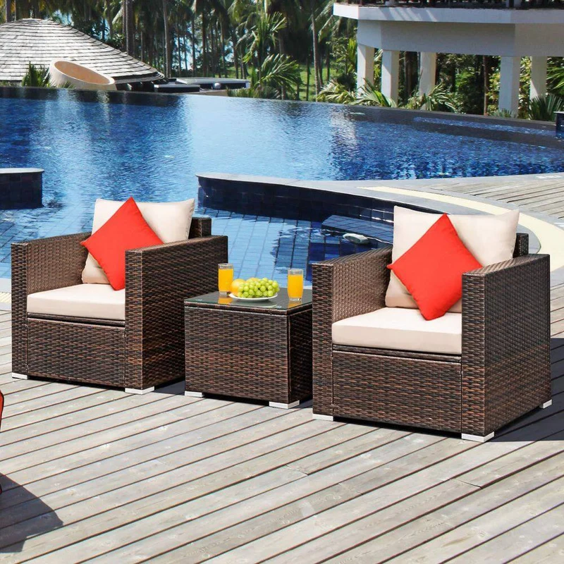 3-Piece Wicker Patio Conversation Set Sofa with Beige Cushions
