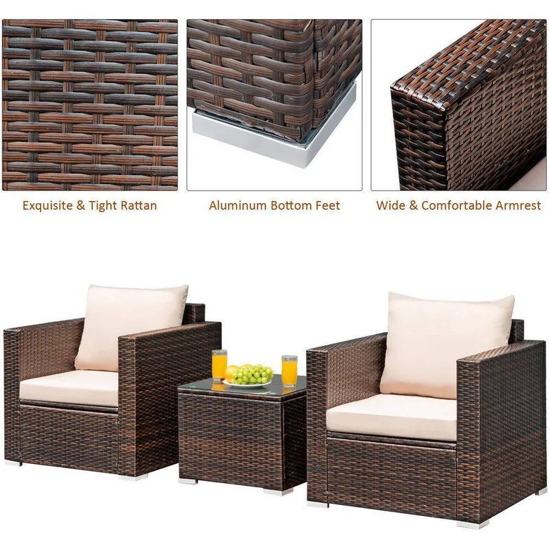 3-Piece Wicker Patio Conversation Set Sofa with Beige Cushions