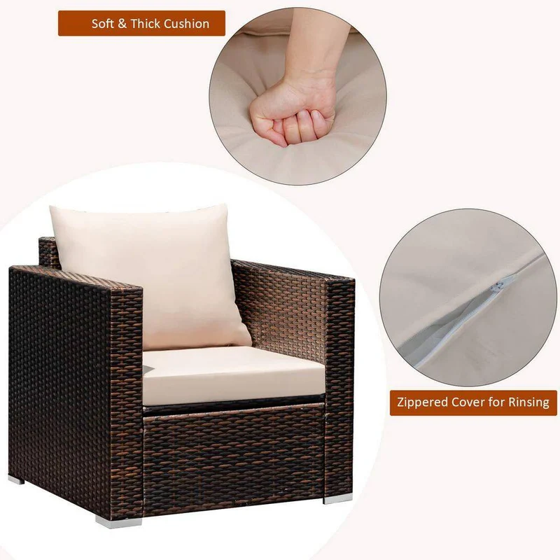 3-Piece Wicker Patio Conversation Set Sofa with Beige Cushions