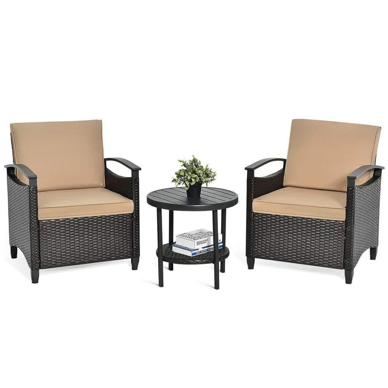 3-Piece Wicker Outdoor Patio Conversation Set with Beige Cushions