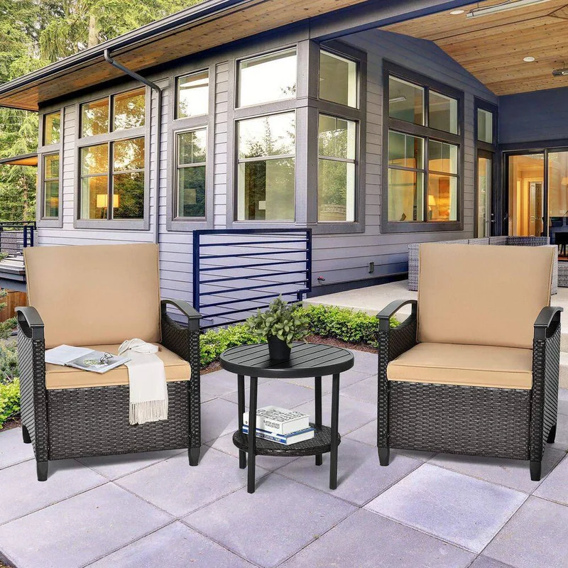 3-Piece Wicker Outdoor Patio Conversation Set with Beige Cushions