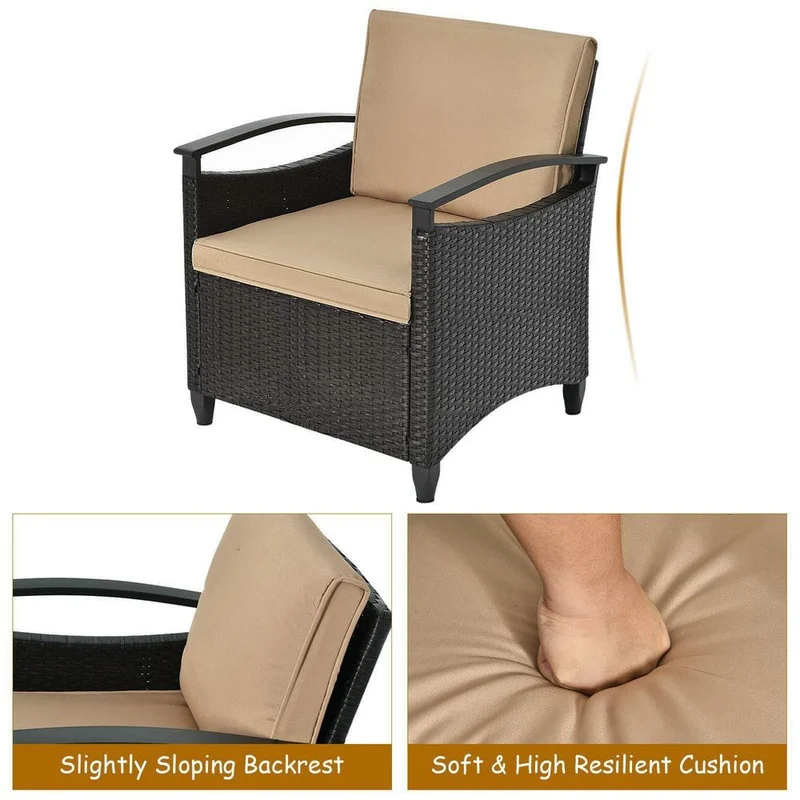3-Piece Wicker Outdoor Patio Conversation Set with Beige Cushions