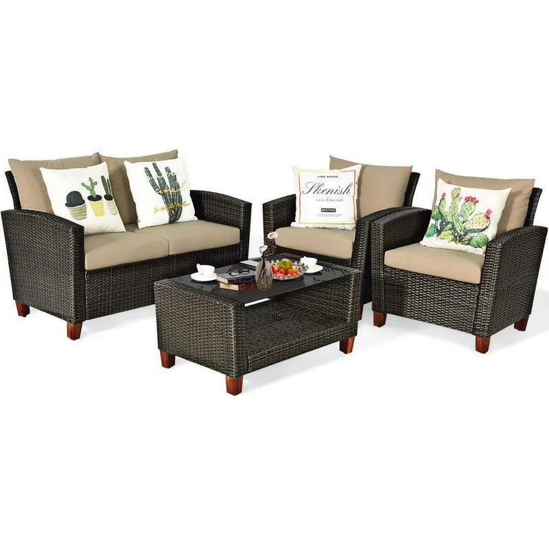 4-Piece Wicker Patio Conversation Set with Beige Cushions
