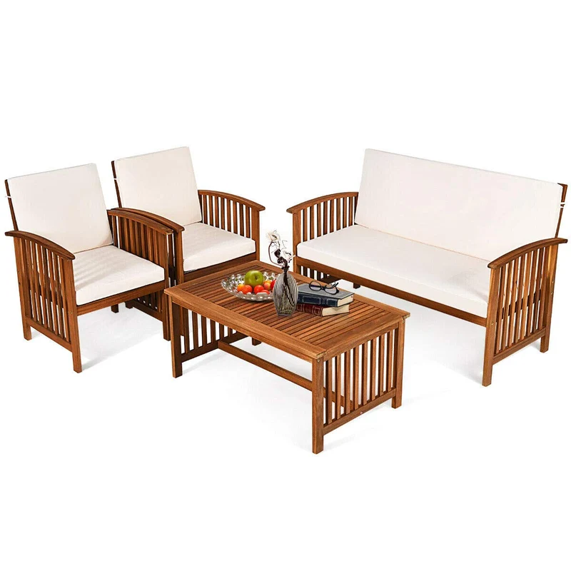4-Piece Wood Outdoor Patio Conversation Seating Set with White Cushions