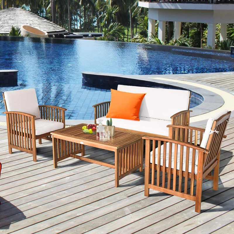 4-Piece Wood Outdoor Patio Conversation Seating Set with White Cushions