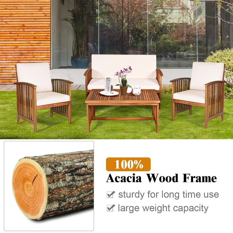 4-Piece Wood Outdoor Patio Conversation Seating Set with White Cushions