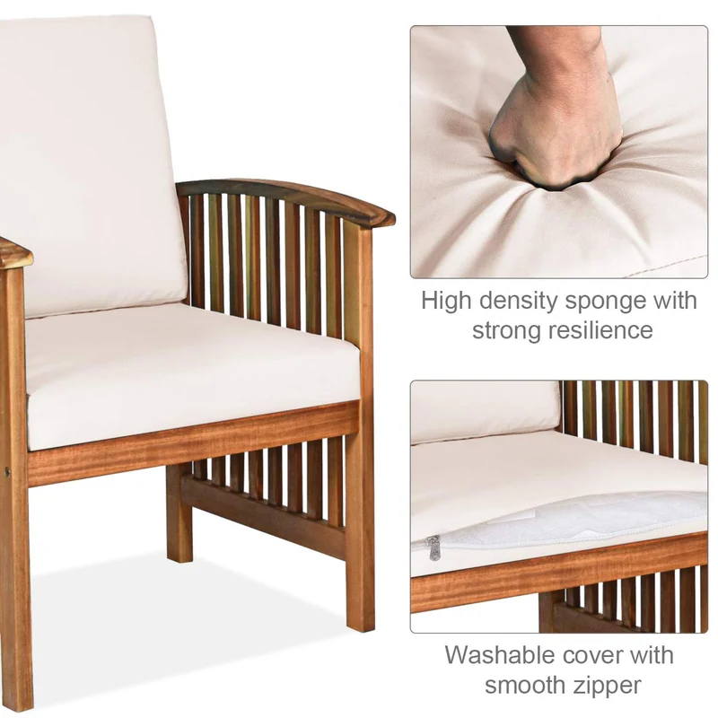 4-Piece Wood Outdoor Patio Conversation Seating Set with White Cushions