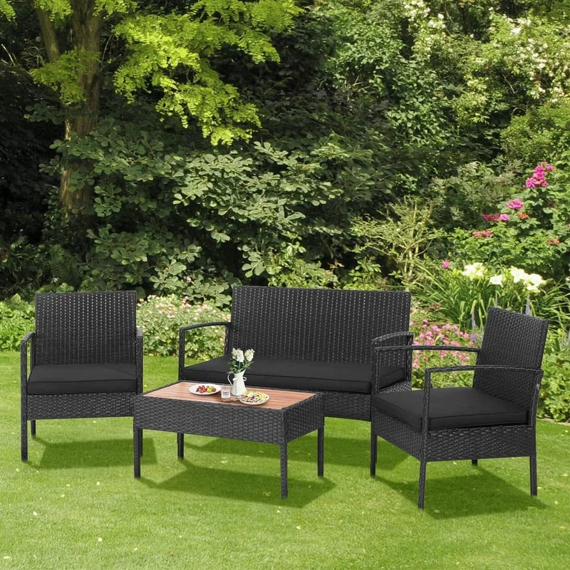 4-Piece Wicker Patio Conversation Seating Set with Wooden Tabletop and Black Cushions