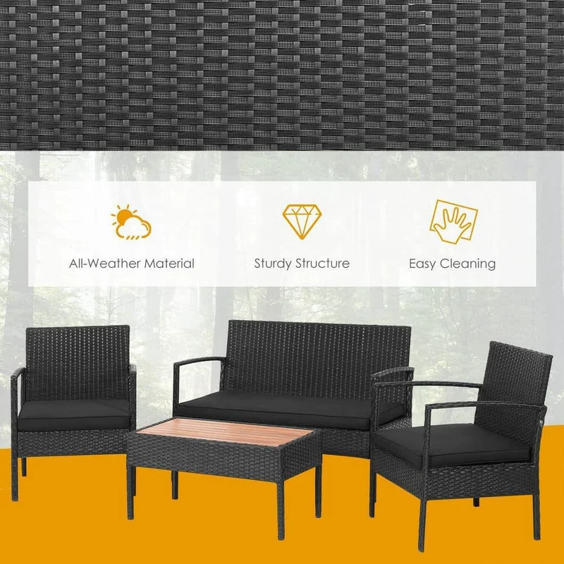 4-Piece Wicker Patio Conversation Seating Set with Wooden Tabletop and Black Cushions