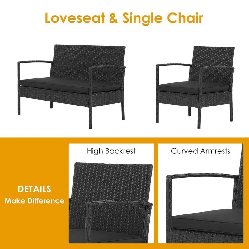 4-Piece Wicker Patio Conversation Seating Set with Wooden Tabletop and Black Cushions