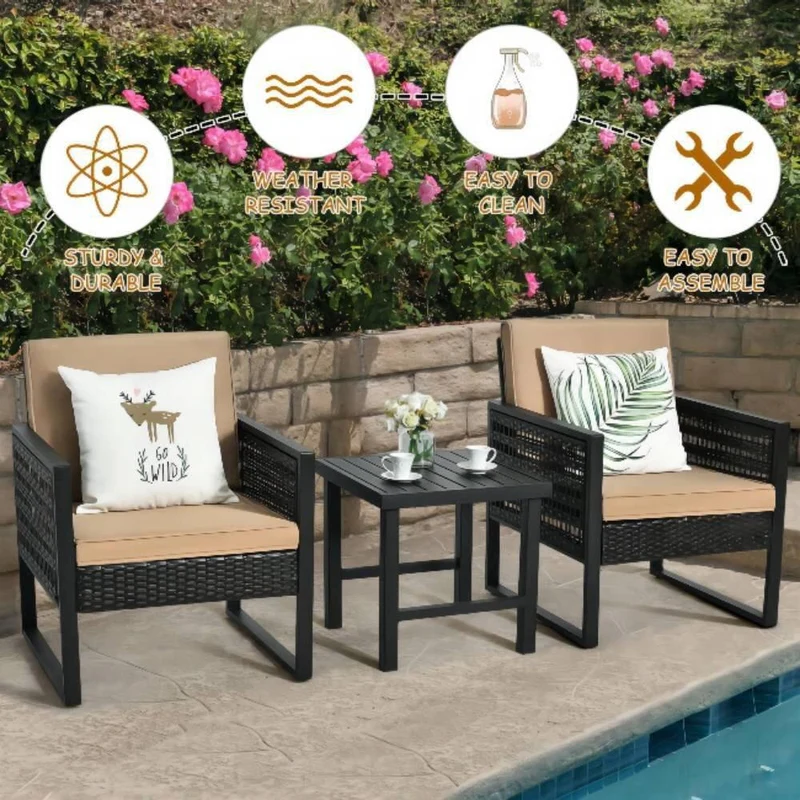 3-Piece Wicker Patio Conversation Set with Beige Cushions