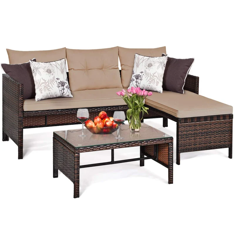 3-Piece Wicker Outdoor Patio Conversation Set Corner Sofa Set with Beige Cushions