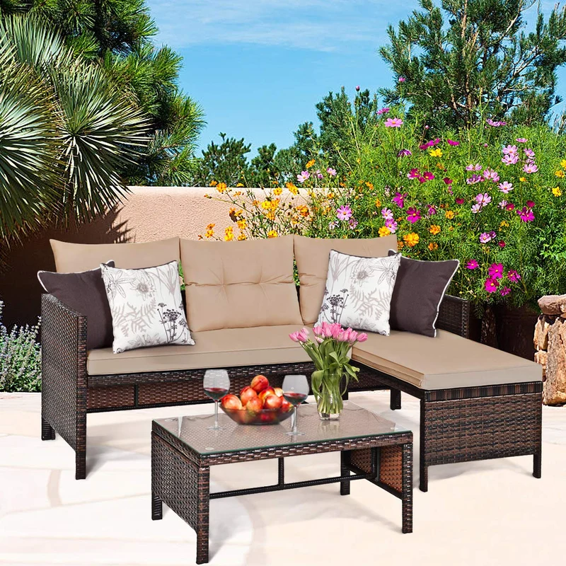 3-Piece Wicker Outdoor Patio Conversation Set Corner Sofa Set with Beige Cushions