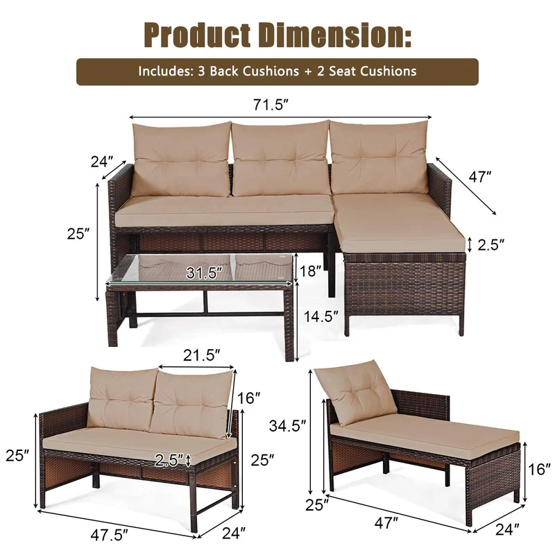 3-Piece Wicker Outdoor Patio Conversation Set Corner Sofa Set with Beige Cushions