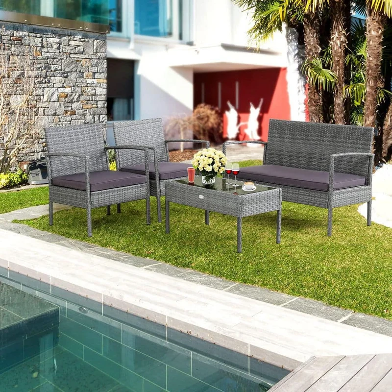 4-Pieces Wicker Outdoor Patio Conversation Set with Coffee Table and Gray Cushions