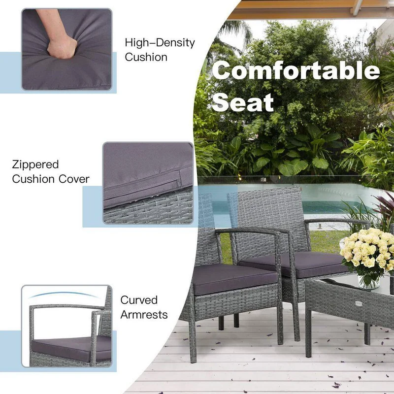 4-Pieces Wicker Outdoor Patio Conversation Set with Coffee Table and Gray Cushions