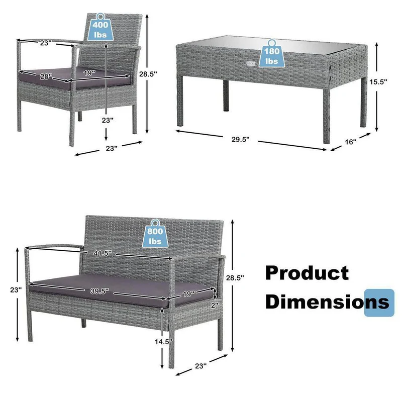 4-Pieces Wicker Outdoor Patio Conversation Set with Coffee Table and Gray Cushions