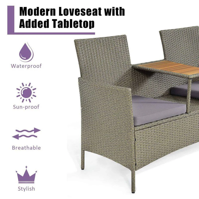 Wicker Outdoor Patio Loveseat with Gray Cushions