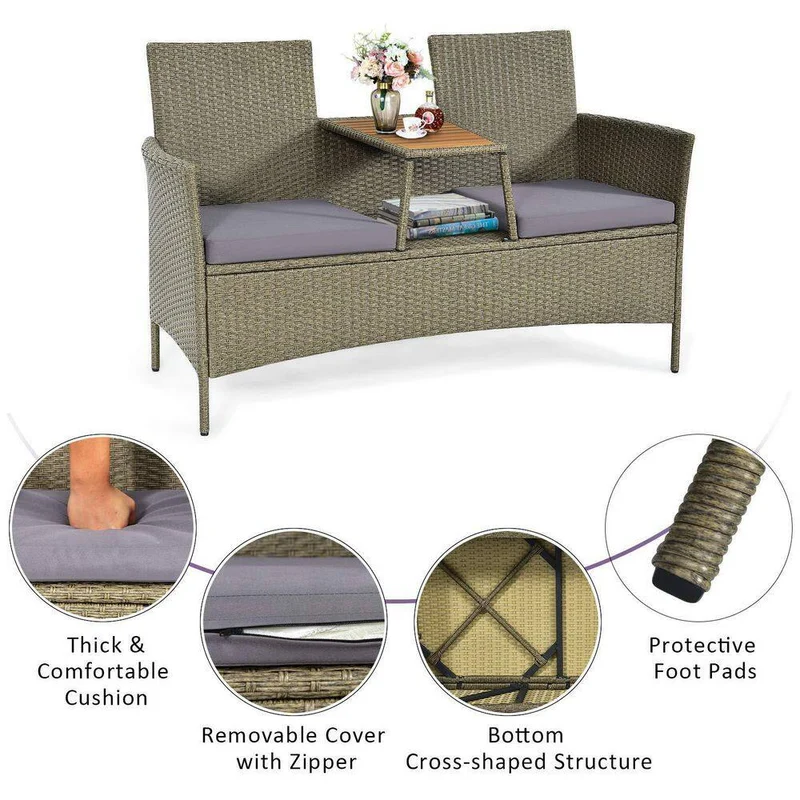 Wicker Outdoor Patio Loveseat with Gray Cushions