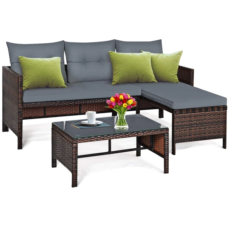 3-Piece Wicker Outdoor Patio Conversation Set Corner Sofa Set with Gray Cushions