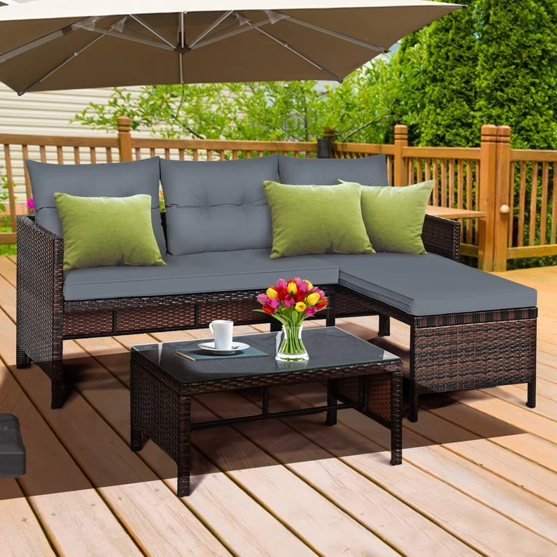 3-Piece Wicker Outdoor Patio Conversation Set Corner Sofa Set with Gray Cushions