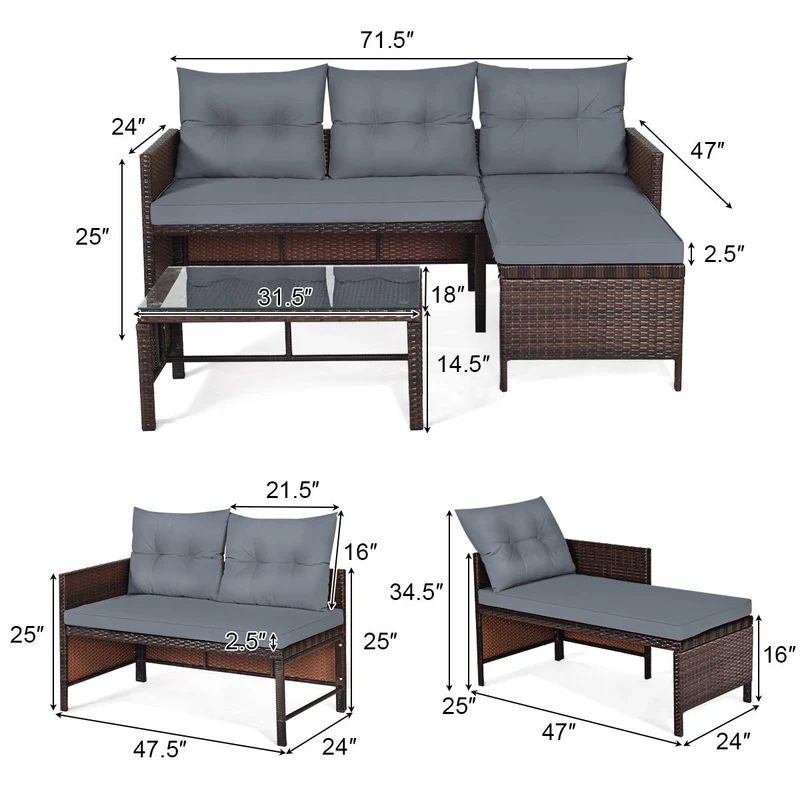 3-Piece Wicker Outdoor Patio Conversation Set Corner Sofa Set with Gray Cushions