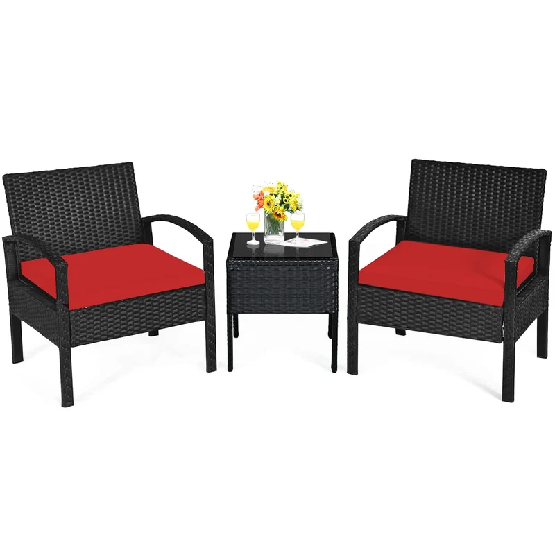Black 3-Piece Wicker Outdoor Patio Conversation Set with Red Cushions