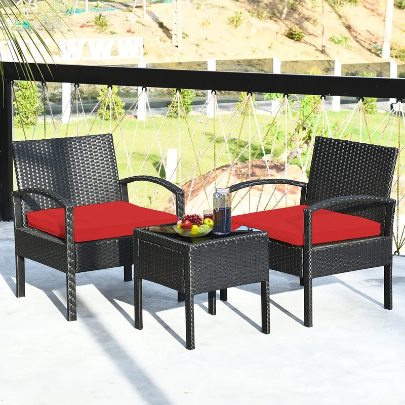 Black 3-Piece Wicker Outdoor Patio Conversation Set with Red Cushions
