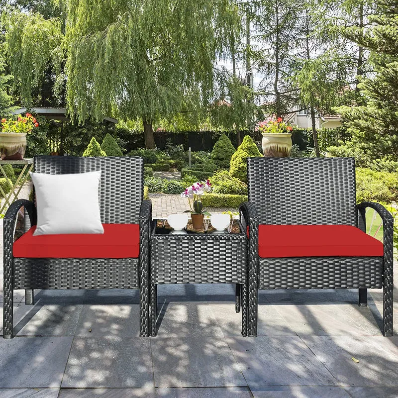 Black 3-Piece Wicker Outdoor Patio Conversation Set with Red Cushions