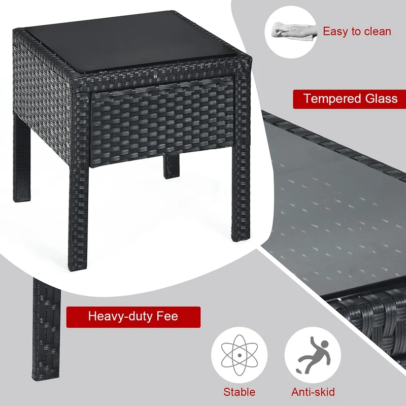 Black 3-Piece Wicker Outdoor Patio Conversation Set with Red Cushions