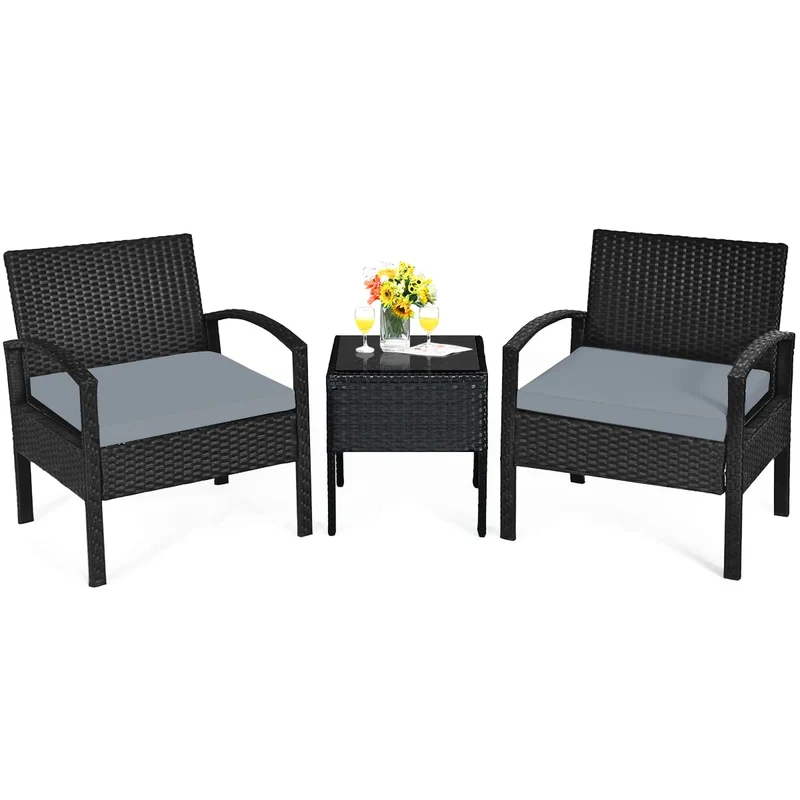 Black 3-Piece Wicker Outdoor Patio Conversation Set with Gray Cushions